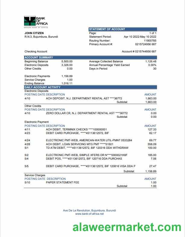 Burundi Bank of Africa bank statement Excel and PDF template (AutoSum)